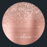 Brushed Metal Rose Gold Pink Glitter Monogram Classic Round Sticker<br><div class="desc">Rose Gold - Blush Pink Faux Foil Metallic Sparkle Glitter Brushed Metal Monogram Name and Initial Paper Party Sticker Address Labels. This makes the perfect sweet 16 birthday,  wedding,  bridal shower,  anniversary,  baby shower or bachelorette party gift for someone that loves glam luxury and chic styles.</div>