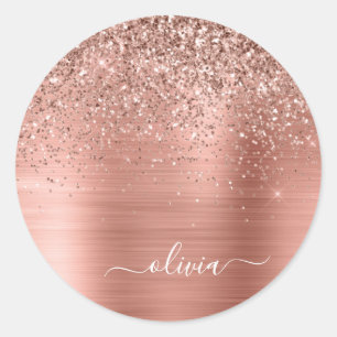 Brushed Metal Rose Gold Pink Glitter Monogram Classic Round Sticker