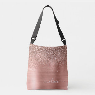 Brushed Metal Rose Gold Pink Glitter Monogram Crossbody Bag
