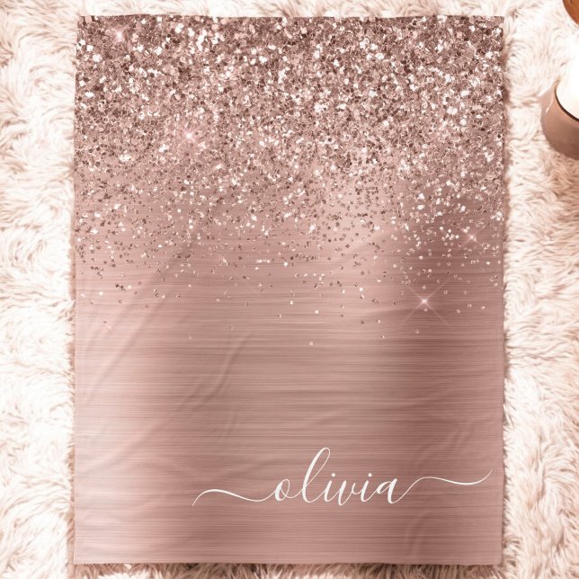 Brushed Metal Rose Gold Pink Glitter Monogram Fleece Blanket (Creator Uploaded)
