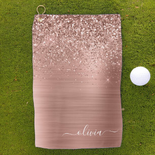 Brushed Metal Rose Gold Pink Glitter Monogram Golf Towel