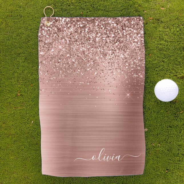 Brushed Metal Rose Gold Pink Glitter Monogram Golf Towel (Creator Uploaded)