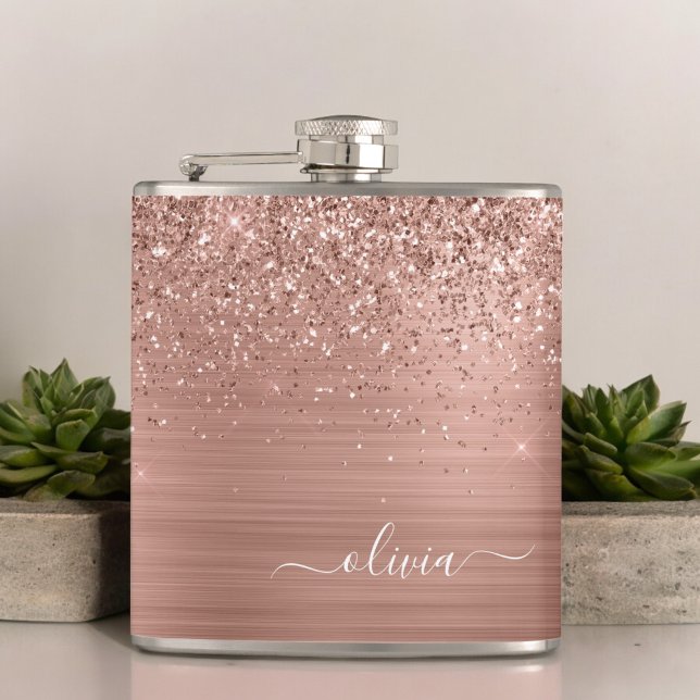 Brushed Metal Rose Gold Pink Glitter Monogram Hip Flask (Creator Uploaded)