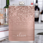 Brushed Metal Rose Gold Pink Glitter Monogram Hip Flask<br><div class="desc">Rose Gold - Blush Pink Faux Foil Metallic Sparkle Glitter Brushed Metal Monogram Name and Initial Party Flask. This makes the perfect sweet 16 birthday,  wedding,  bridal shower,  anniversary,  baby shower or bachelorette party gift for someone that loves glam luxury and chic styles.</div>