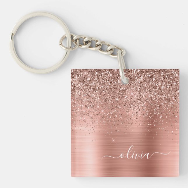 Brushed Metal Rose Gold Pink Glitter Monogram Key Ring (Front)