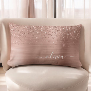 Brushed Metal Rose Gold Pink Glitter Monogram Lumbar Cushion