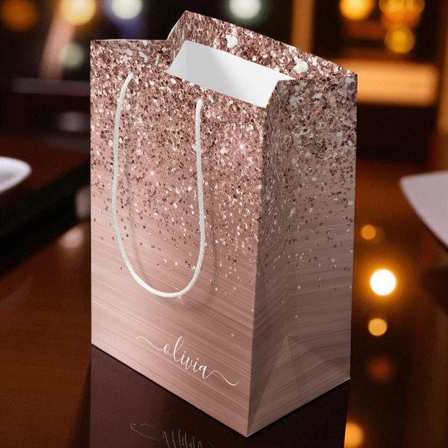 Brushed Metal Rose Gold Pink Glitter Monogram Medium Gift Bag (Creator Uploaded)