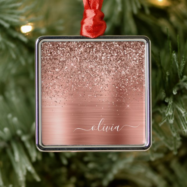 Brushed Metal Rose Gold Pink Glitter Monogram Ornament (Tree)