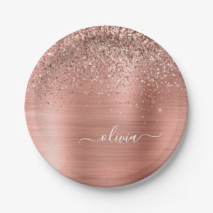 Brushed Metal Rose Gold Pink Glitter Monogram Paper Plate