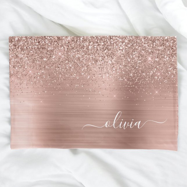 Brushed Metal Rose Gold Pink Glitter Monogram Pillowcase (Creator Uploaded)