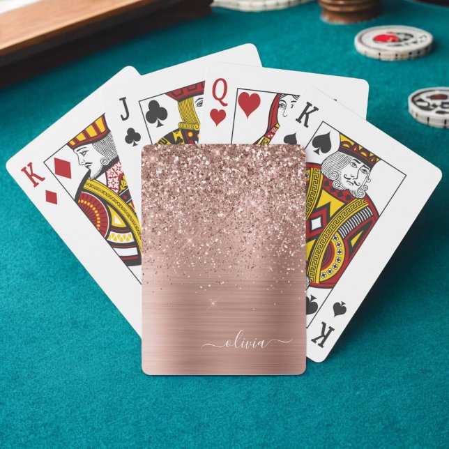 Brushed Metal Rose Gold Pink Glitter Monogram Playing Cards (Creator Uploaded)