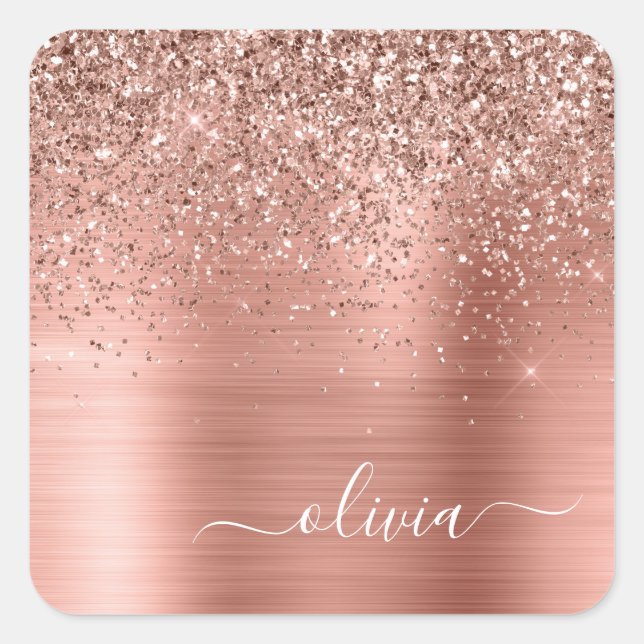 Brushed Metal Rose Gold Pink Glitter Monogram Square Sticker (Front)