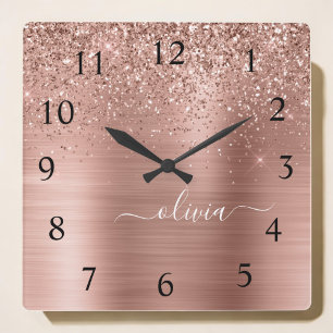 Brushed Metal Rose Gold Pink Glitter Monogram Square Wall Clock