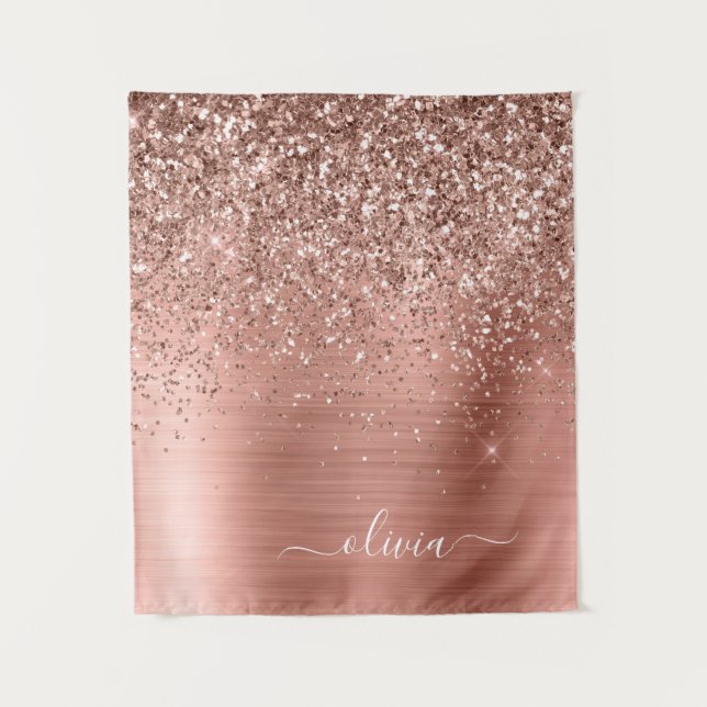 Brushed Metal Rose Gold Pink Glitter Monogram Tapestry (Front)