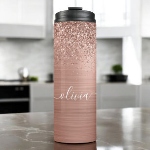 Brushed Metal Rose Gold Pink Glitter Monogram Thermal Tumbler
