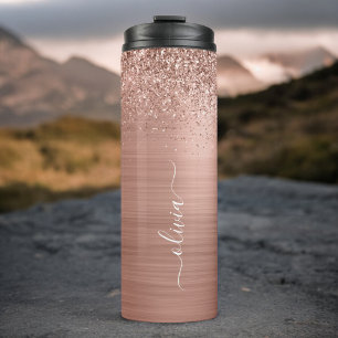Brushed Metal Rose Gold Pink Glitter Monogram Thermal Tumbler