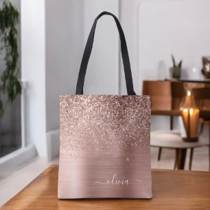 Brushed Metal Rose Gold Pink Glitter Monogram Tote Bag