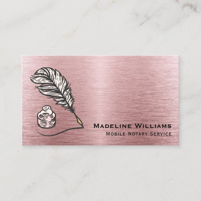 Brushed Metal Rose Gold Quill QR Mobile Notary Business Card (Front)