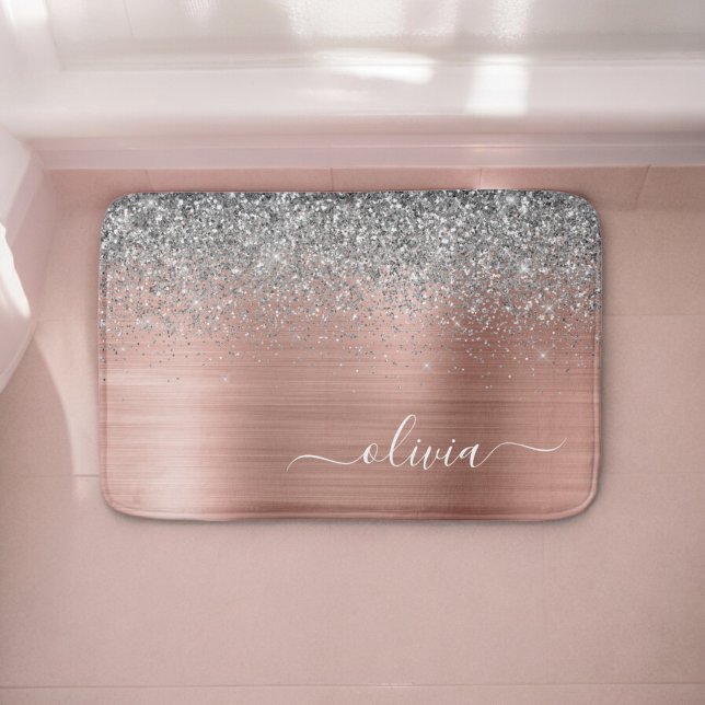 Brushed Metal Rose Gold Silver Glitter Monogram Bath Mat (Creator Uploaded)