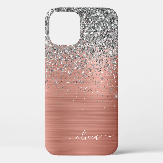 Brushed Metal Rose Gold Silver Glitter Monogram Case-Mate iPhone Case (Back)