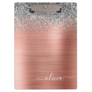 Brushed Metal Rose Gold Silver Glitter Monogram Clipboard