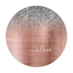 Brushed Metal Rose Gold Silver Glitter Monogram Cutting Board