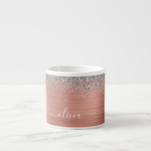 Brushed Metal Rose Gold Silver Glitter Monogram Espresso Cup
