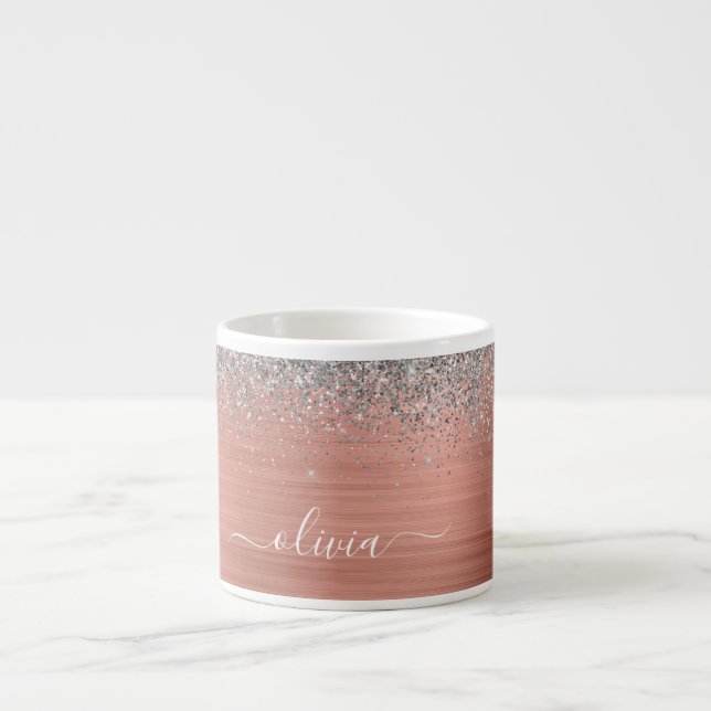 Brushed Metal Rose Gold Silver Glitter Monogram Espresso Cup (Front)