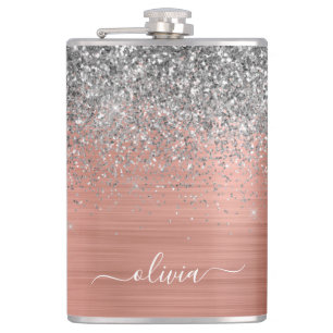 Brushed Metal Rose Gold Silver Glitter Monogram Hip Flask