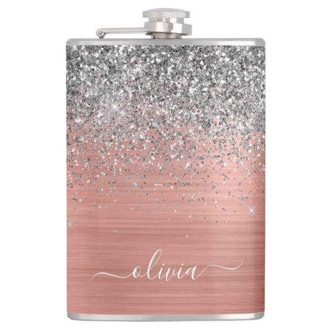 Brushed Metal Rose Gold Silver Glitter Monogram Hip Flask (Front)