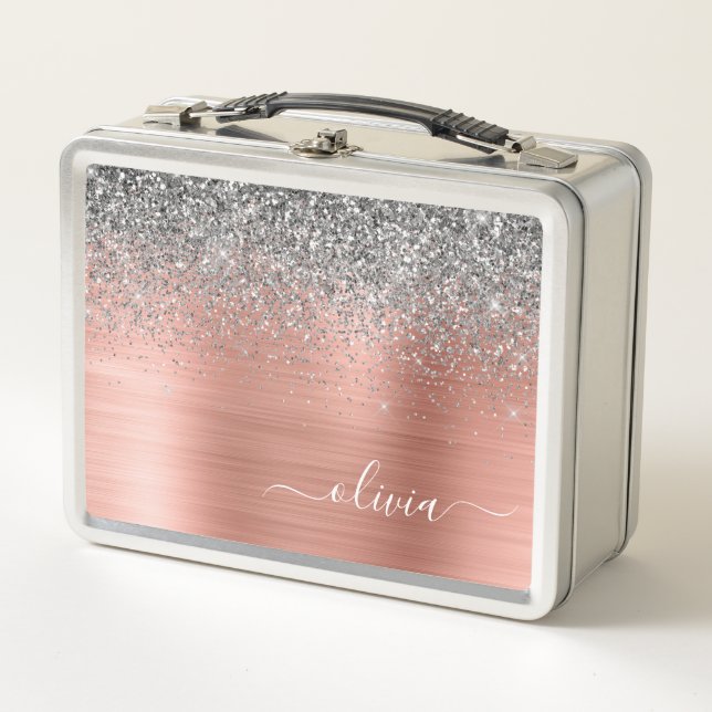 Brushed Metal Rose Gold Silver Glitter Monogram Metal Lunch Box (Front)