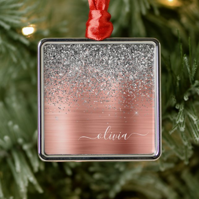 Brushed Metal Rose Gold Silver Glitter Monogram Metal Ornament (Tree)