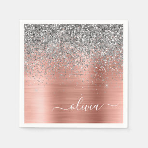 Brushed Metal Rose Gold Silver Glitter Monogram Napkin