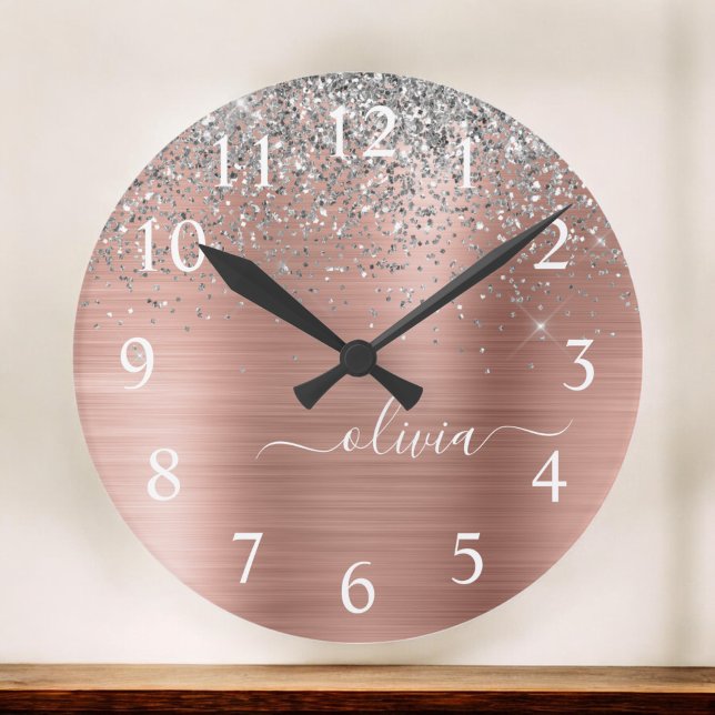 Brushed Metal Rose Gold Silver Glitter Monogram Round Clock (Creator Uploaded)