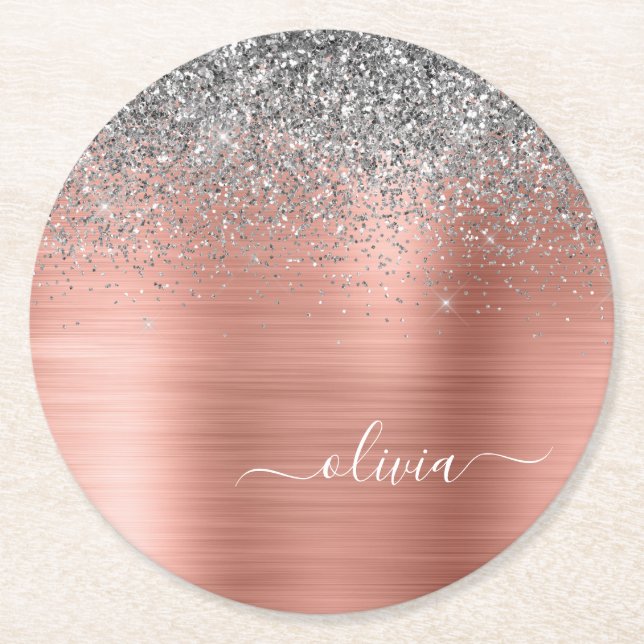 Brushed Metal Rose Gold Silver Glitter Monogram Round Paper Coaster (Front)