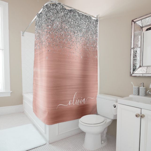 Brushed Metal Rose Gold Silver Glitter Monogram Shower Curtain (In Situ)