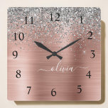 Brushed Metal Rose Gold Silver Glitter Monogram Square Wall Clock<br><div class="desc">Rose Gold - Blush Pink and Silver Faux Foil Metallic Sparkle Glitter Brushed Metal Monogram Name Clock. This makes the perfect sweet 16 birthday,  wedding,  bridal shower,  anniversary,  baby shower or bachelorette party gift for someone that loves glam luxury and chic styles.</div>