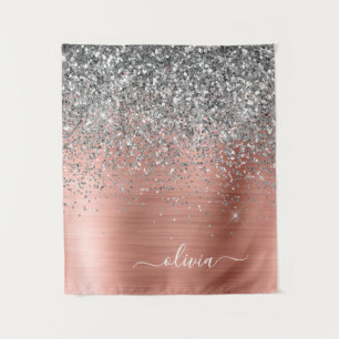 Brushed Metal Rose Gold Silver Glitter Monogram Tapestry