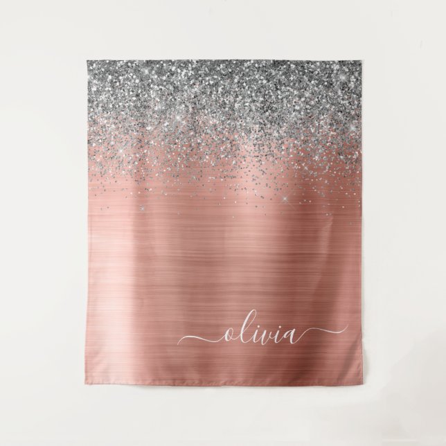 Brushed Metal Rose Gold Silver Glitter Monogram Tapestry (Front)
