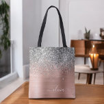 Brushed Metal Rose Gold Silver Glitter Monogram Tote Bag<br><div class="desc">Pink Rose Gold and Blush Pink and Silver Faux Sparkle and Dripping Glitter Metallic Stainless Steel Foil Elegant Monogram Book Bag. This Book Bag can be customised to include your initial and first name and given as a gift for Christmas,  Sweet 16 Birthday,  Bridal Shower or a Wedding.</div>