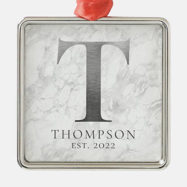 Brushed Metal Silver Monogram T Marble Metal Ornament (Front)