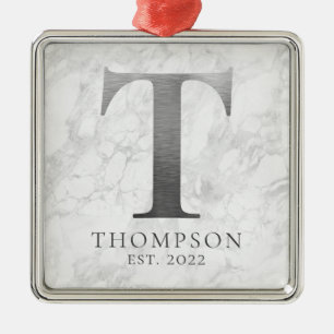 Brushed Metal Silver Monogram T Marble Ornament