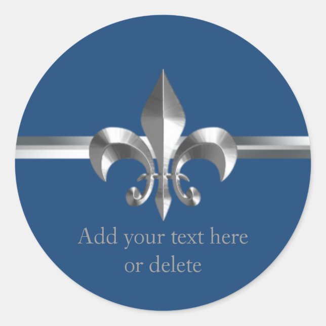 Brushed Metal Style Silver Fleur de Lis Blue Classic Round Sticker (Front)