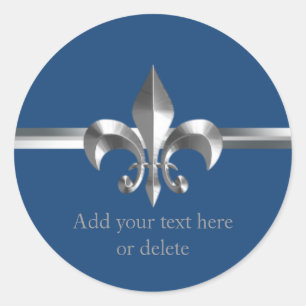 Brushed Metal Style Silver Fleur de Lis Blue Classic Round Sticker