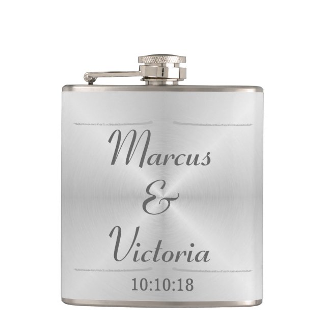 Brushed metal wedding hip flask (Front)