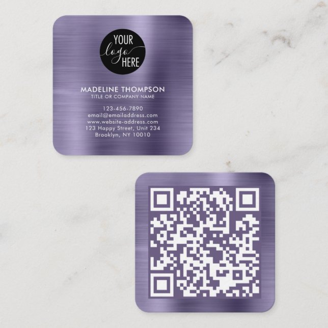 Brushed Metallic Lavender Company Logo QR Code Square Business Card (Front/Back)