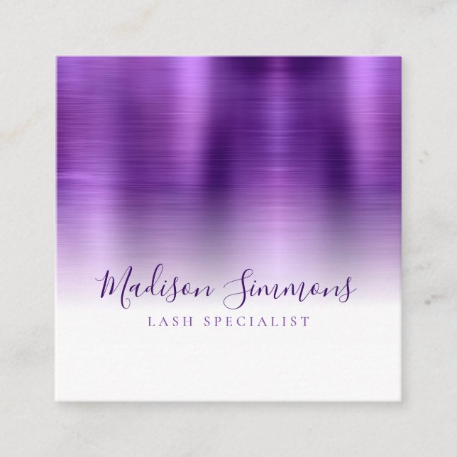 Brushed Metallic Purple Monogram Elegant Script Square Business Card (Front)