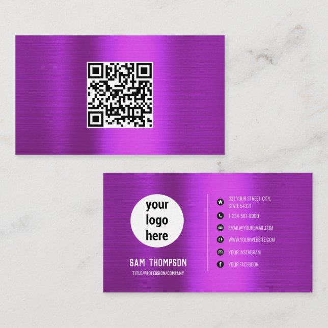 Brushed Metallic Purple QR Code Business Logo Card (Front/Back)