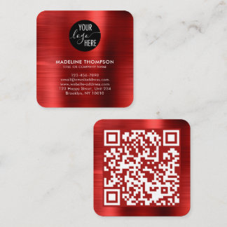 Brushed Metallic Red Company Logo QR Code Square Business Card