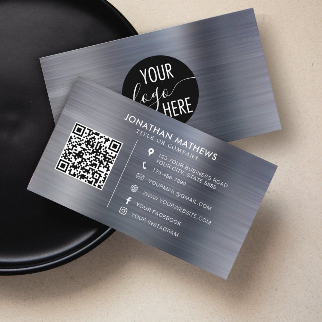 Brushed Metallic Silver Grey Company Logo QR Code Business Card (Creator Uploaded)